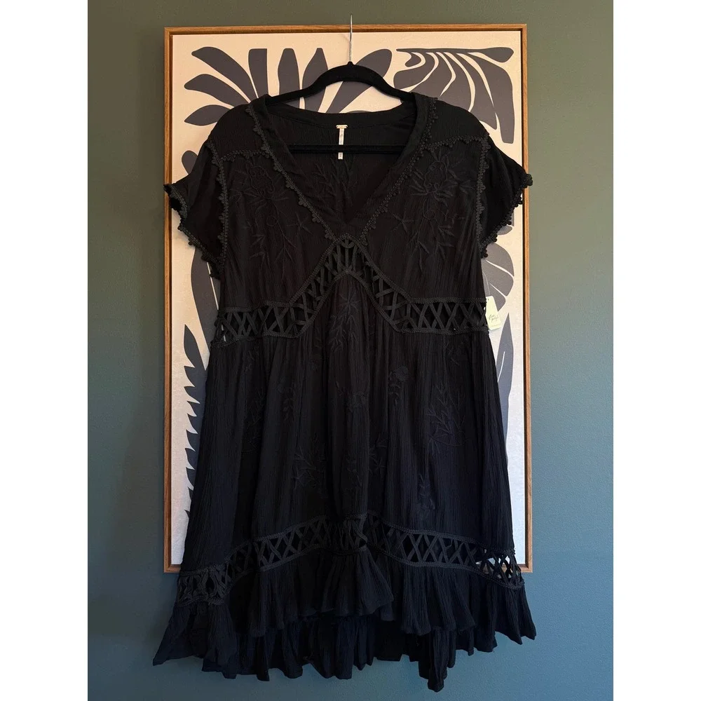 NWT Free People Marissa Mini Dress Black Embroidered Crochet Lace Gauze Boho XS